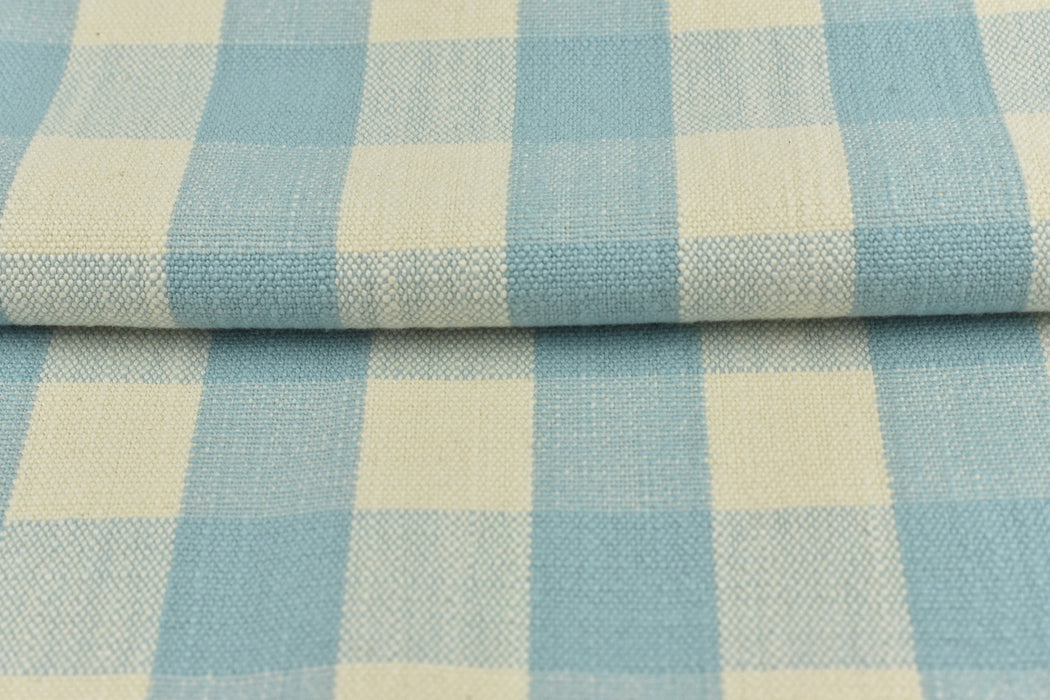 100% Pure Cotton Light Blue and Cream Vintage Buffalo Plaid Jacquard Upholstery And Drapery Fabric|Rustic Traditional Check Fabric