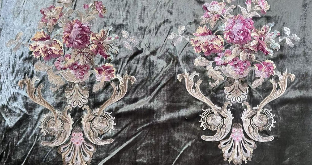 Clearance Sale!French Pinky Red and Gold Embroidered Large Floral on Dark Olive Green Cut Velvet Fabric For Chair Curtain Pillow