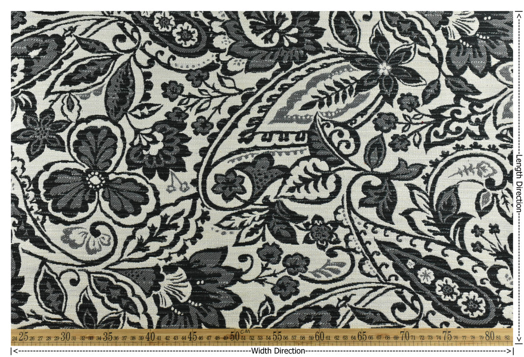 Vintage Black and Cream Foral Geometric Strip Pattern Traditional Design Cotton Linen Blend Upholstery Fabric For Chair Pillow Cushion