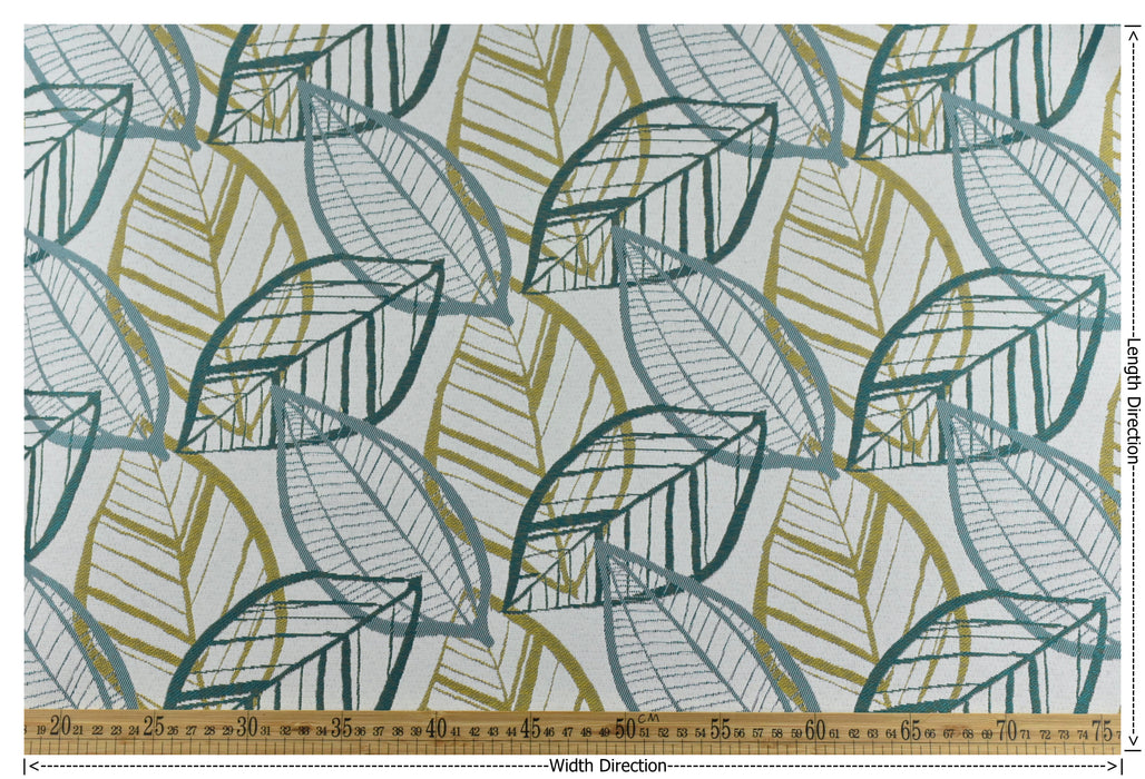 Blue Green Gold Coastal Tropical Leaf Indoor Outdoor Beach Cushion Upholstery Fabric|UV Resistant Furniture Fabric For Cushion Table Runner