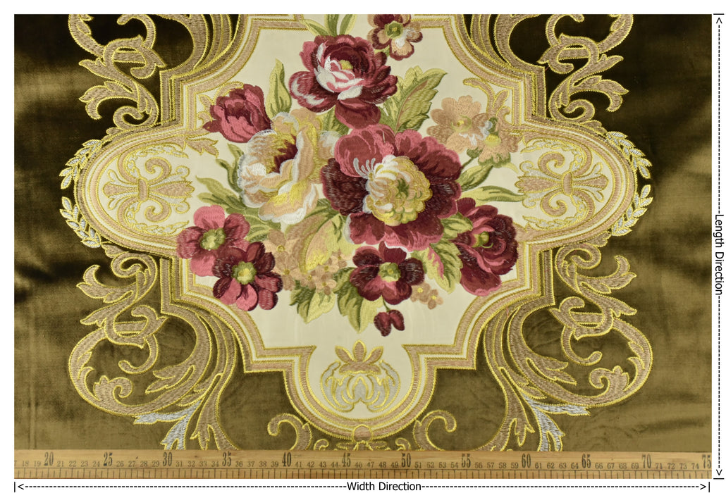 CLEARANCE SALE!Antique Red Gold Green Embroidered Floral on Olive Cut Velvet Upholstery Fabric|Heavy Large Alabaster Rose Fabric for Chairs