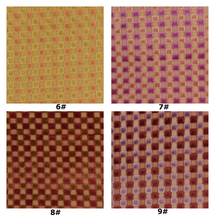 Heavy Weight Checkerboard Geometric Raised Cut Velvet Upholstery Fabric For Chair|Multi-Colored Green Pink Checkered Velvet Fabric For Couch