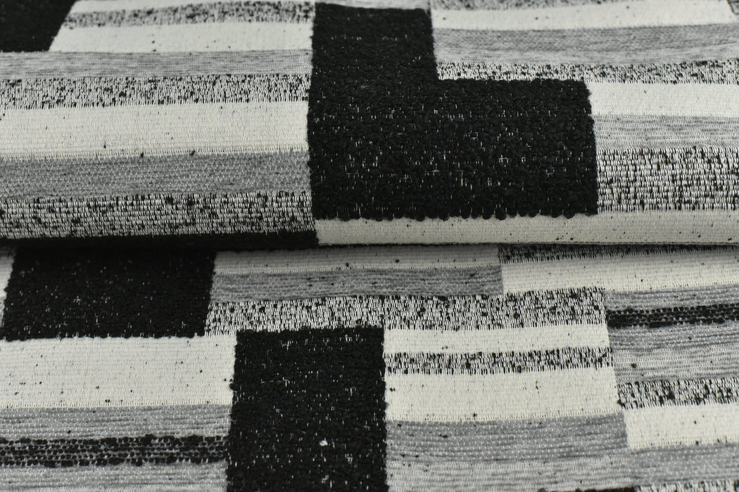 Black and White Grey Abstract Woven Geometric Boucle Upholstery Fabric By Yard For Chairs|Large Scale Heavy Weight Furniture Fabric For Sofa