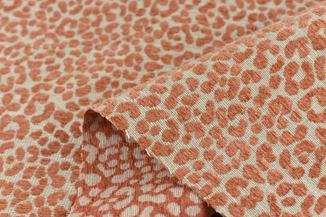 Designer Heavy Weight Linen Blend Cream Coral Chenille Leopard Jacquard Textured Upholstery Fabric|Animal Skin Geometric Woven Decor Fabric