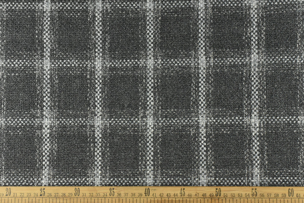 Heavy Duty Wool Cotton Blend Geometric Woven Upholstery Fabric in Charocal Gray|Check Pattern Upholstery Fabric For Dining Chair-57"W/760GSM