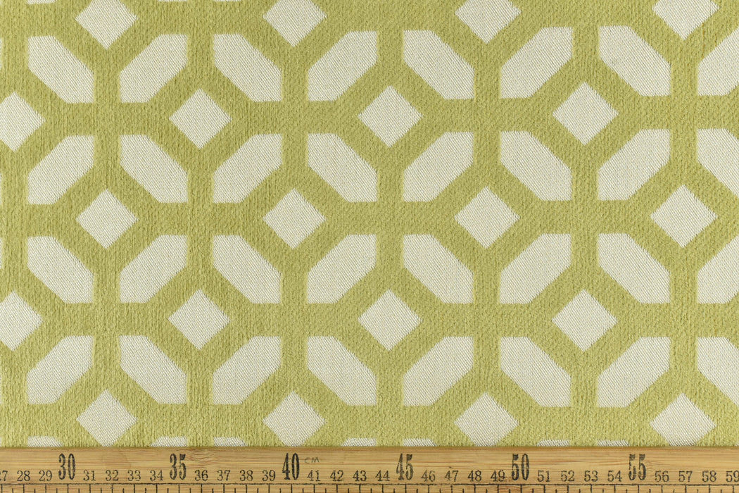 Heavy Weight Raised Chenille Geometric Upholsetry Fabric For Chairs in Chartreuse Green|Vinatge Geometric Fabric For Couch Pillow