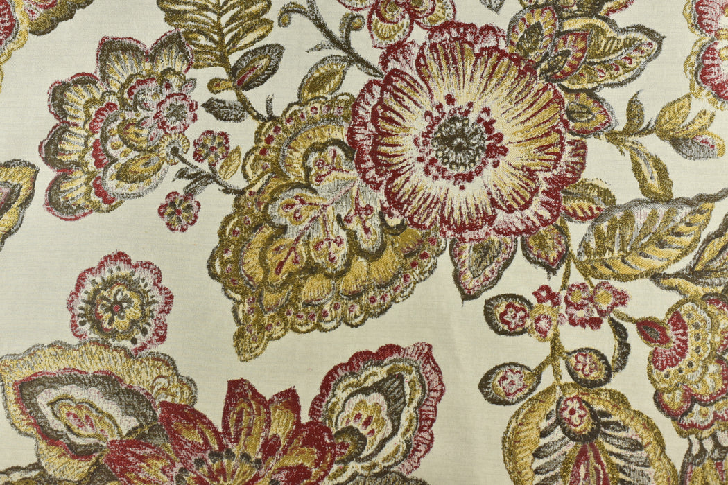 Vintage Red Gold Blue Large Scale Floral Jacquard Upholsetry Fabric for Chair|Heavy Weight Oil Paint Syle Country Farmhouse Floral Fabric