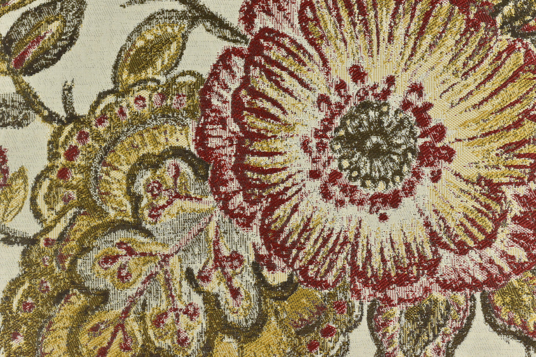 Vintage Red Gold Blue Large Scale Floral Jacquard Upholsetry Fabric for Chair|Heavy Weight Oil Paint Syle Country Farmhouse Floral Fabric