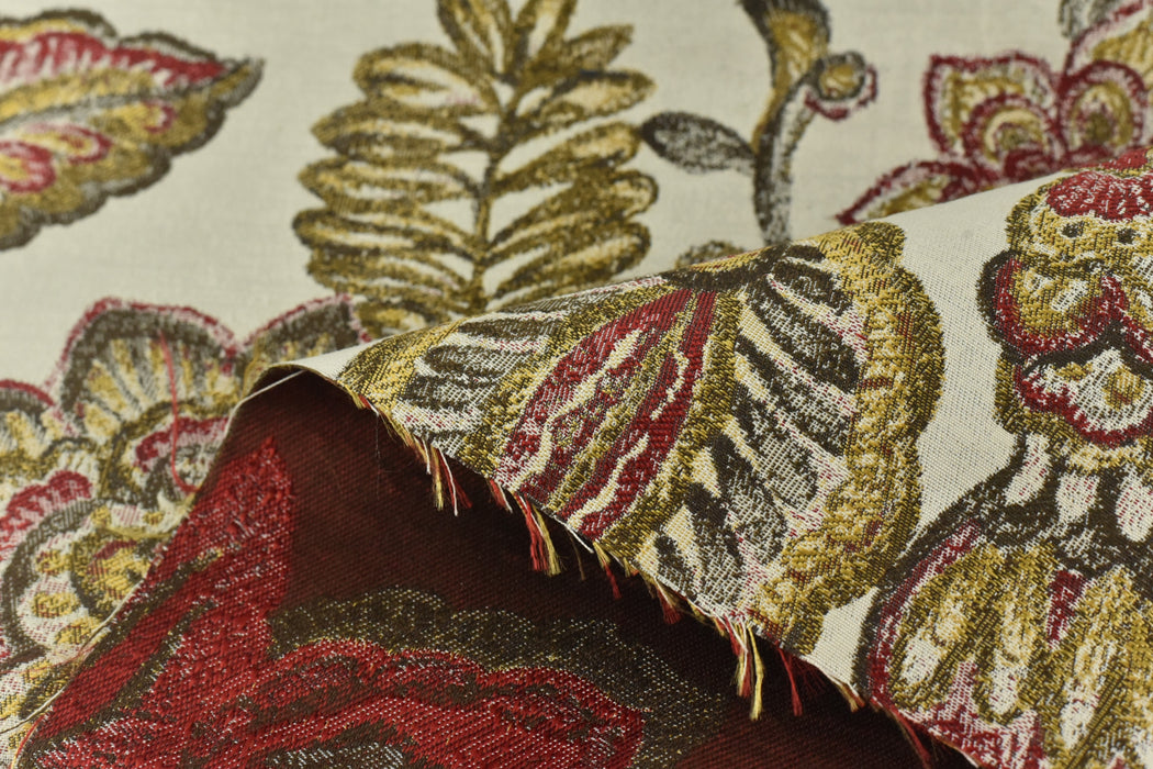 Vintage Red Gold Blue Large Scale Floral Jacquard Upholsetry Fabric for Chair|Heavy Weight Oil Paint Syle Country Farmhouse Floral Fabric