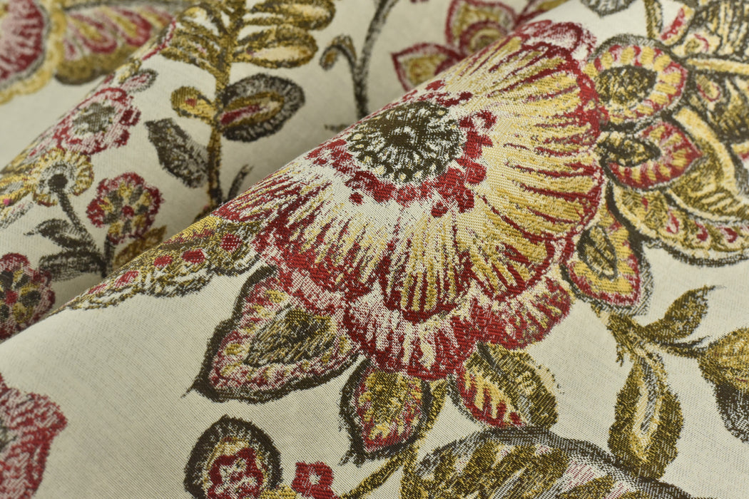 Vintage Red Gold Blue Large Scale Floral Jacquard Upholsetry Fabric for Chair|Heavy Weight Oil Paint Syle Country Farmhouse Floral Fabric