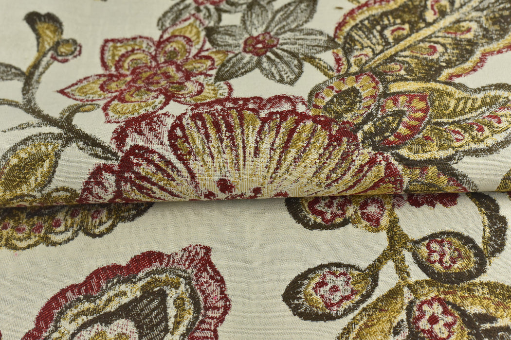 Vintage Red Gold Blue Large Scale Floral Jacquard Upholsetry Fabric for Chair|Heavy Weight Oil Paint Syle Country Farmhouse Floral Fabric