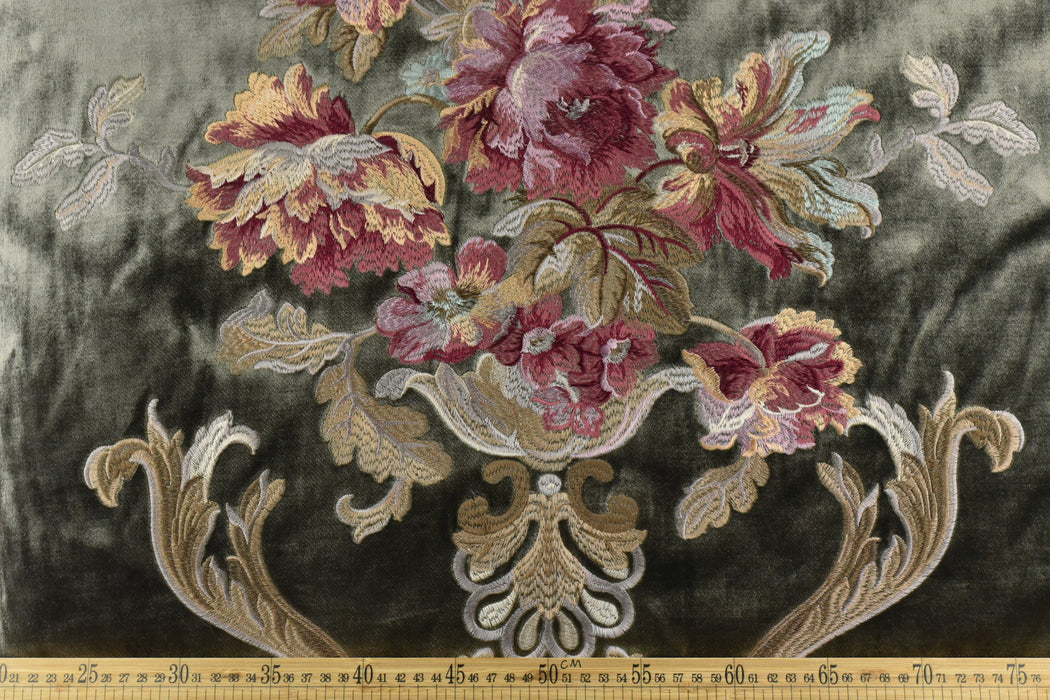 Clearance Sale!French Pinky Red and Gold Embroidered Large Floral on Dark Olive Green Cut Velvet Fabric For Chair Curtain Pillow