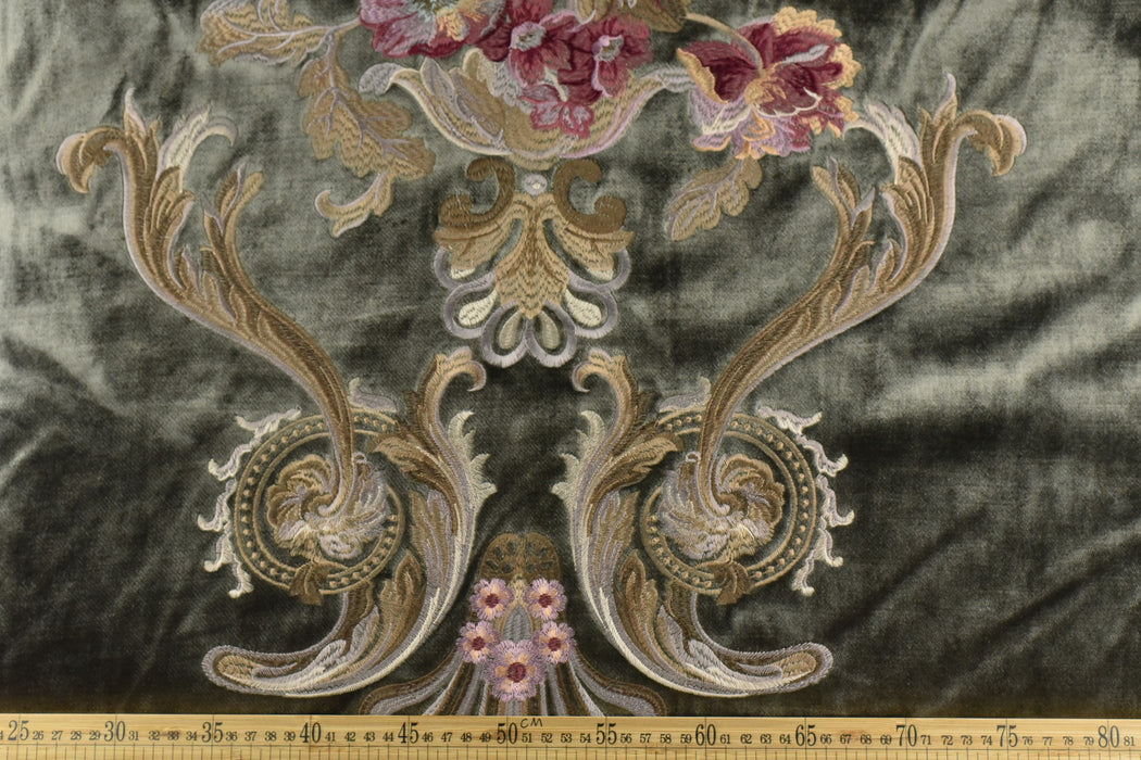 Clearance Sale!French Pinky Red and Gold Embroidered Large Floral on Dark Olive Green Cut Velvet Fabric For Chair Curtain Pillow