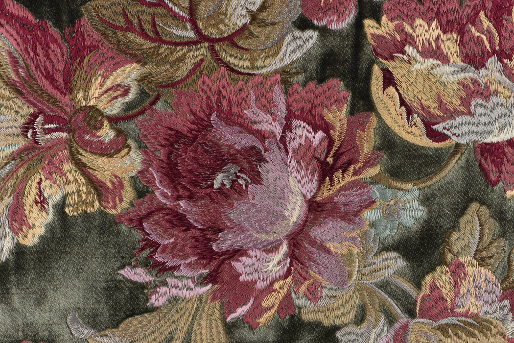 Clearance Sale!French Pinky Red and Gold Embroidered Large Floral on Dark Olive Green Cut Velvet Fabric For Chair Curtain Pillow