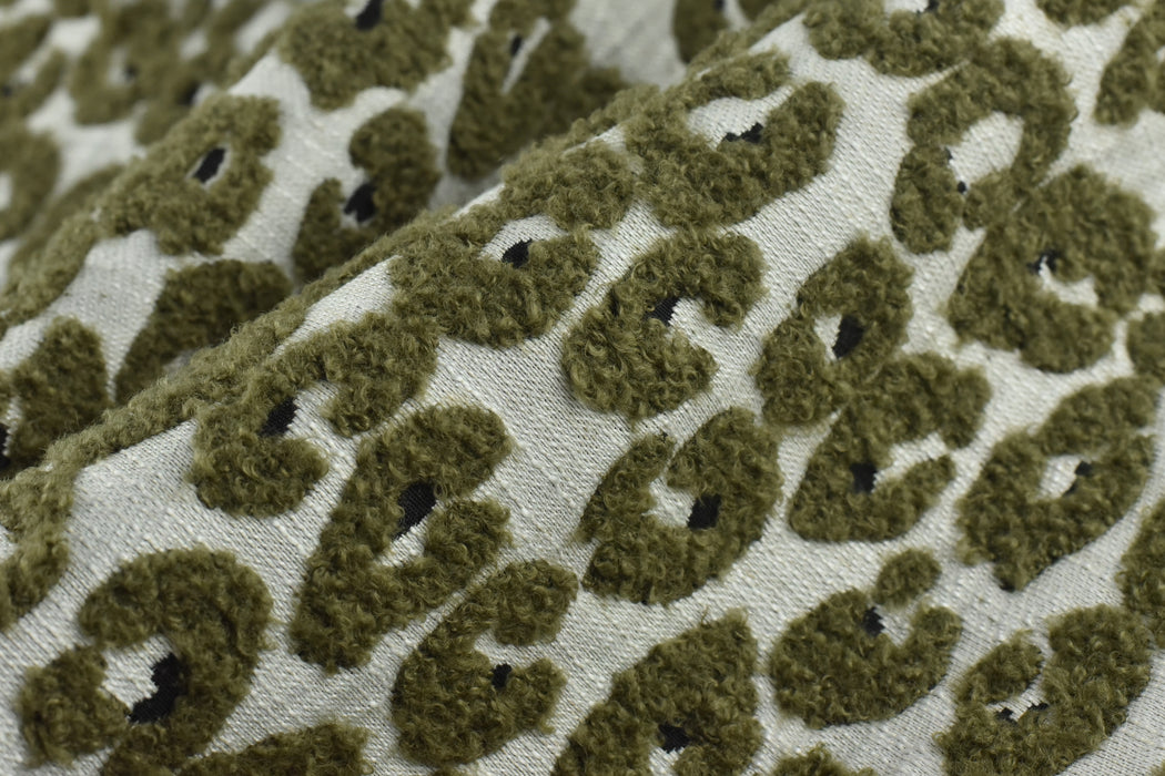 Heavy Weight Olive Grey Leopard Geometric Boucle Upholstery Fabric For Chair|Vintage Textured Abstract Animal Skin Fabric for Ottoman