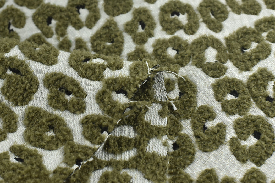 Heavy Weight Olive Grey Leopard Geometric Boucle Upholstery Fabric For Chair|Vintage Textured Abstract Animal Skin Fabric for Ottoman