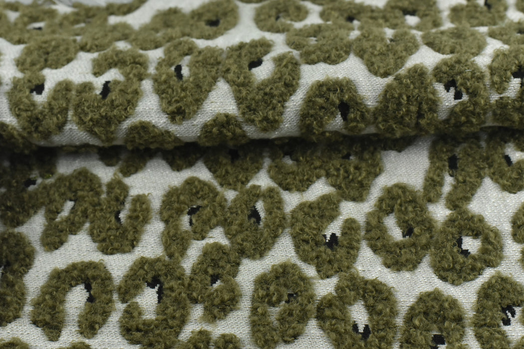 Heavy Weight Olive Grey Leopard Geometric Boucle Upholstery Fabric For Chair|Vintage Textured Abstract Animal Skin Fabric for Ottoman