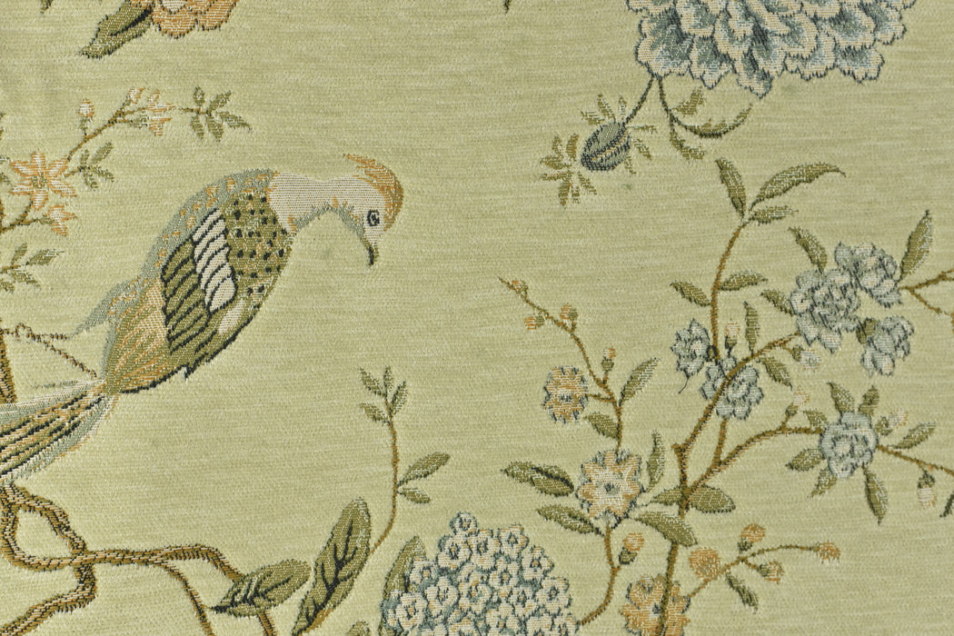 Heavy Weight Mid Century Modern Red Blue and Green Bird Floral Chenille Upholstery Fabric For Chair|Botanical Animal Flower Furniture Fabric
