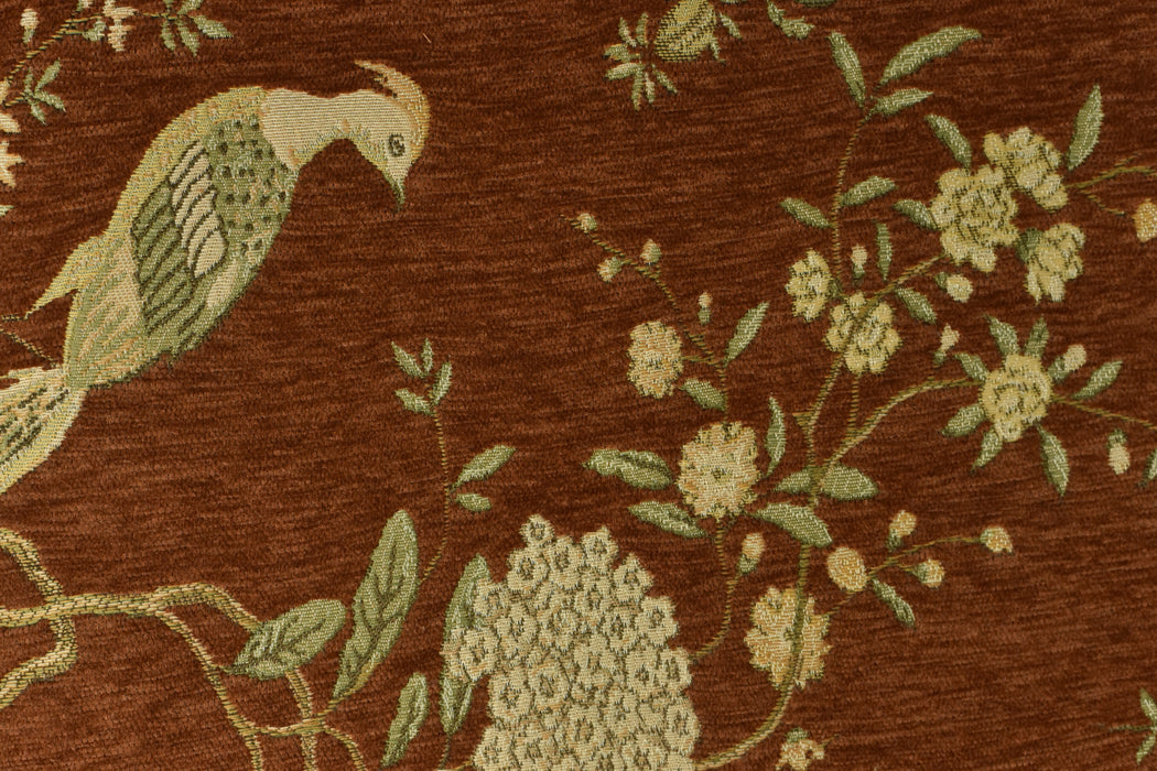 Heavy Weight Mid Century Modern Red Blue and Green Bird Floral Chenille Upholstery Fabric For Chair|Botanical Animal Flower Furniture Fabric
