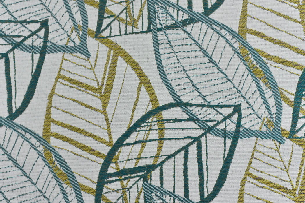 Blue Green Gold Coastal Tropical Leaf Indoor Outdoor Beach Cushion Upholstery Fabric|UV Resistant Furniture Fabric For Cushion Table Runner