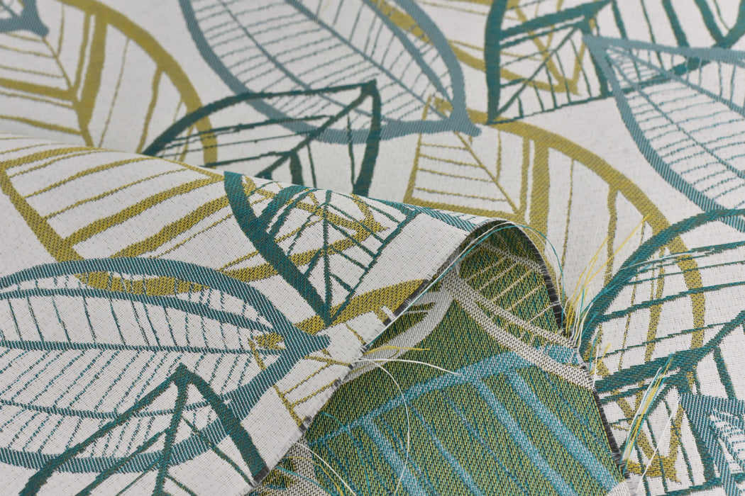 Blue Green Gold Coastal Tropical Leaf Indoor Outdoor Beach Cushion Upholstery Fabric|UV Resistant Furniture Fabric For Cushion Table Runner