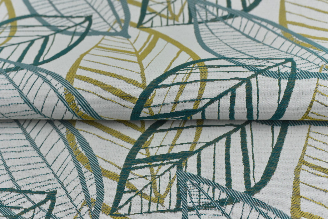 Blue Green Gold Coastal Tropical Leaf Indoor Outdoor Beach Cushion Upholstery Fabric|UV Resistant Furniture Fabric For Cushion Table Runner