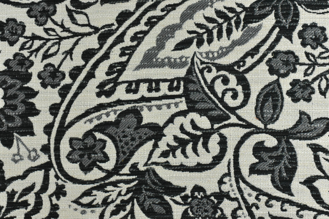 Vintage Black and Cream Foral Geometric Strip Pattern Traditional Design Cotton Linen Blend Upholstery Fabric For Chair Pillow Cushion