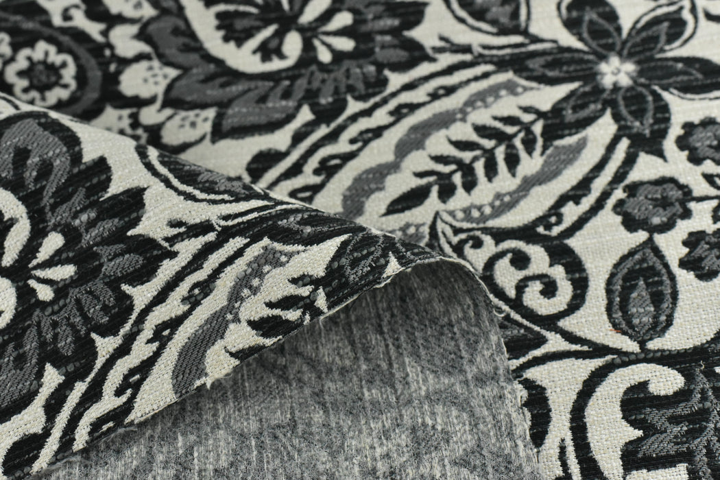 Vintage Black and Cream Foral Geometric Strip Pattern Traditional Design Cotton Linen Blend Upholstery Fabric For Chair Pillow Cushion