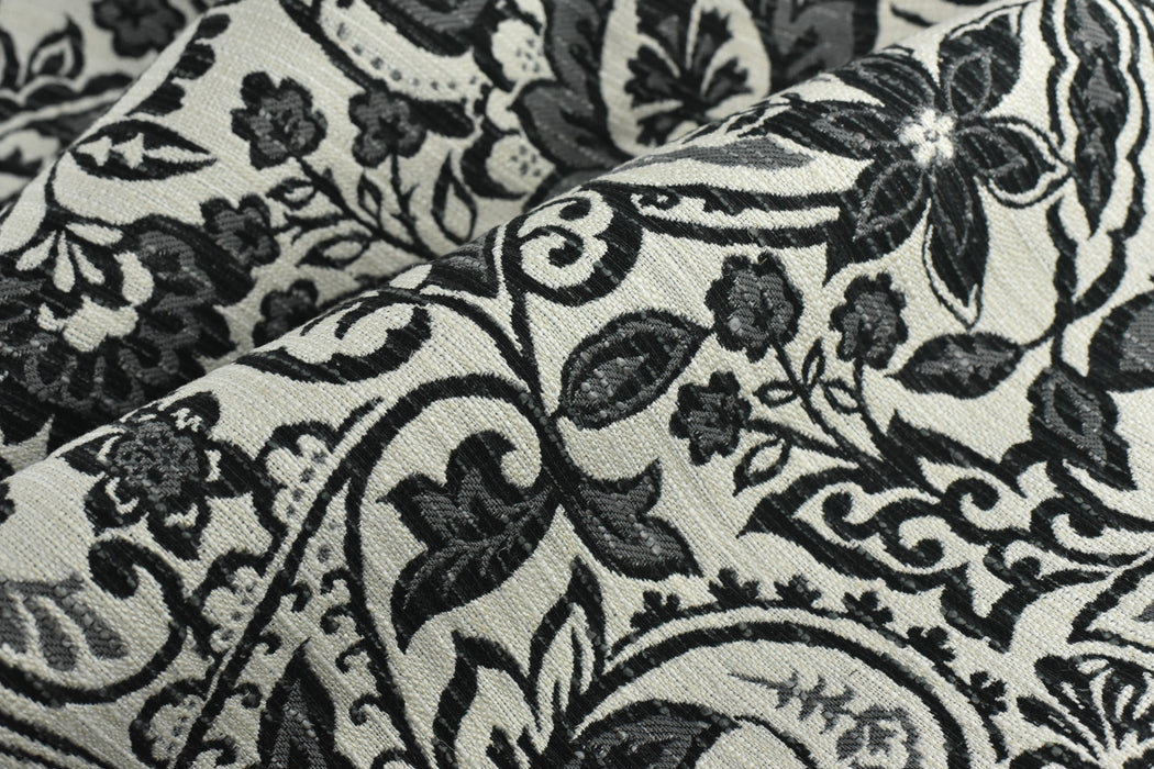 Vintage Black and Cream Foral Geometric Strip Pattern Traditional Design Cotton Linen Blend Upholstery Fabric For Chair Pillow Cushion