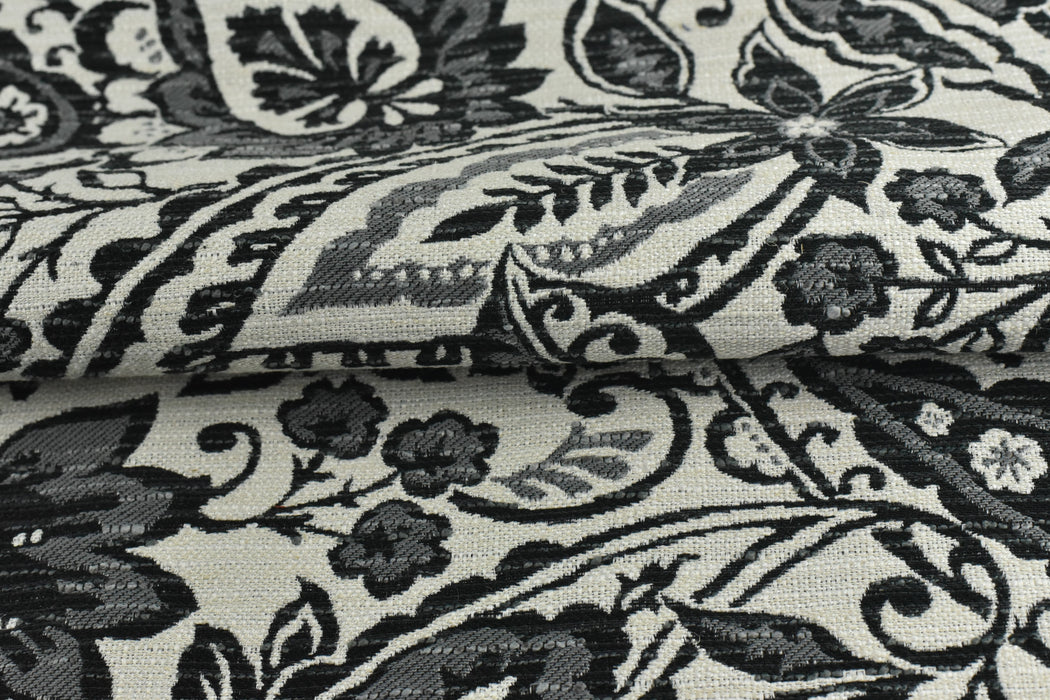 Vintage Black and Cream Foral Geometric Strip Pattern Traditional Design Cotton Linen Blend Upholstery Fabric For Chair Pillow Cushion