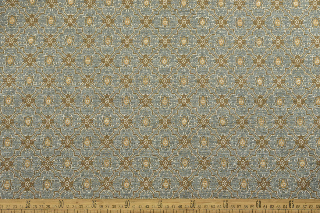 Vintage Red Gold Geometric Floral Chenille Jacquard Upholstery Fabric For Chair Cushion|French Country Farmhouse Fabric in Brown Chartreuse