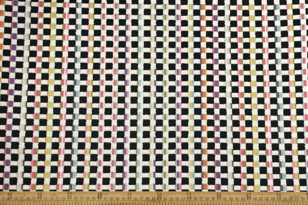 Heavy Weight Colorful Grid Cut Velvet Upholstery Fabric For Chair|Retro Geometric Fabric|Multicolor Boho Check Pattern Furniture Fabric