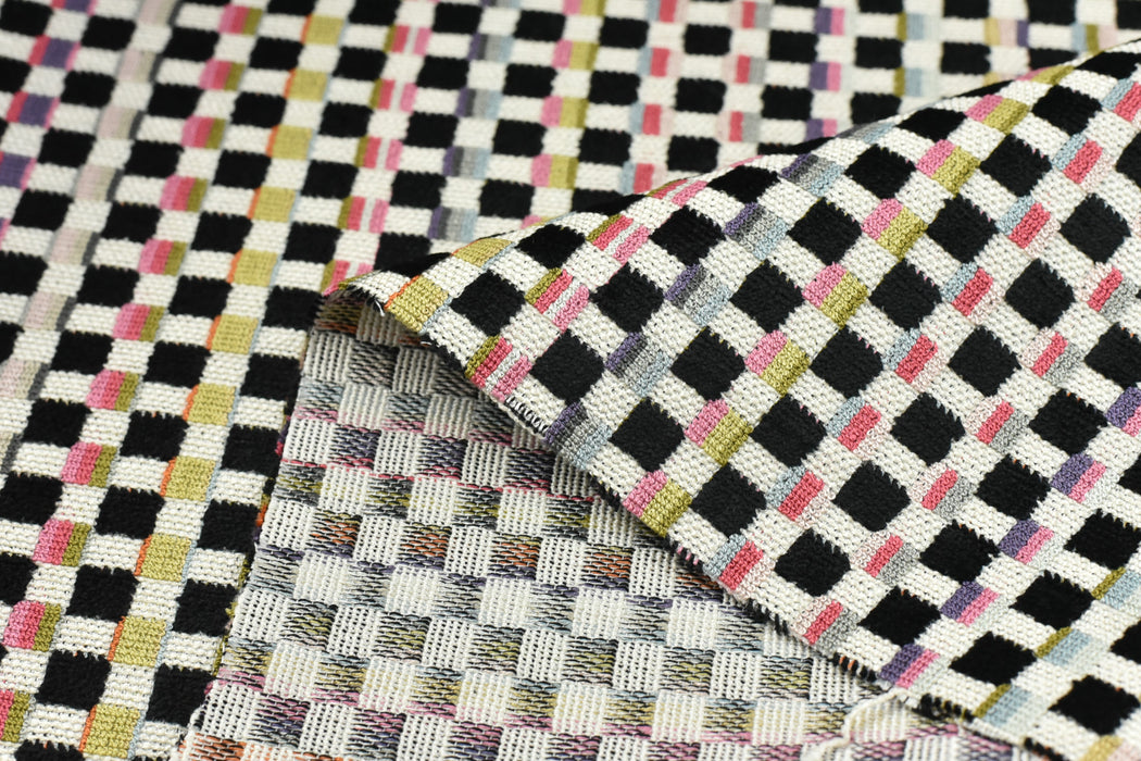 Heavy Weight Colorful Grid Cut Velvet Upholstery Fabric For Chair|Retro Geometric Fabric|Multicolor Boho Check Pattern Furniture Fabric