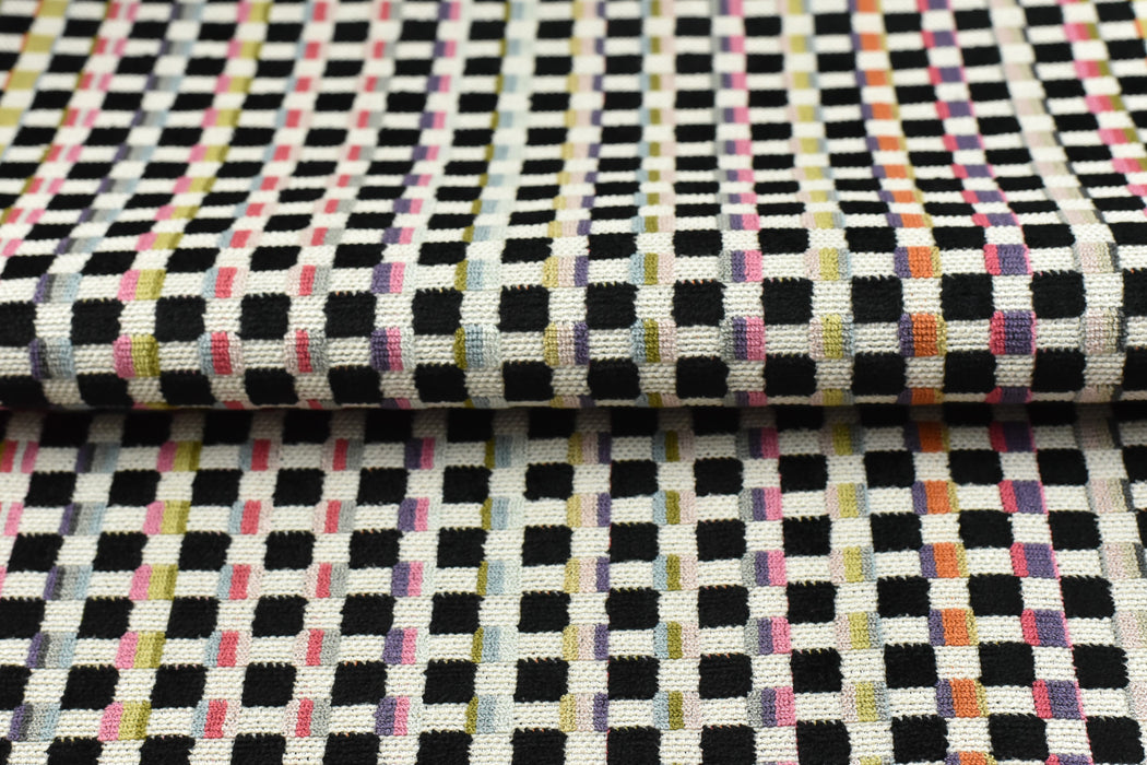 Heavy Weight Colorful Grid Cut Velvet Upholstery Fabric For Chair|Retro Geometric Fabric|Multicolor Boho Check Pattern Furniture Fabric