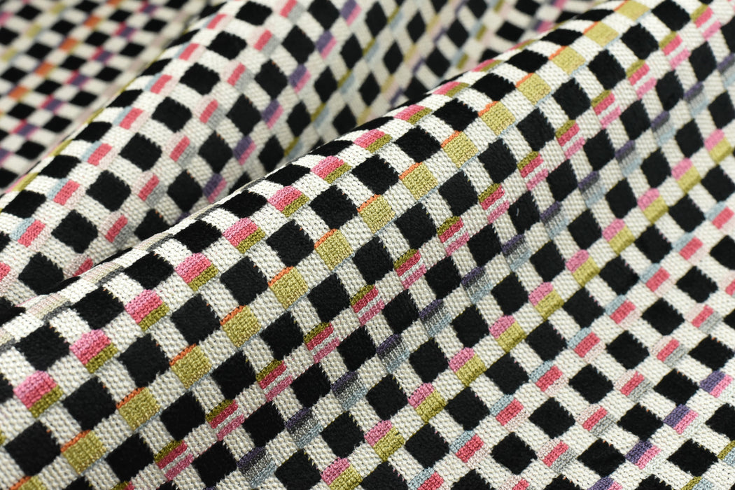 Heavy Weight Colorful Grid Cut Velvet Upholstery Fabric For Chair|Retro Geometric Fabric|Multicolor Boho Check Pattern Furniture Fabric