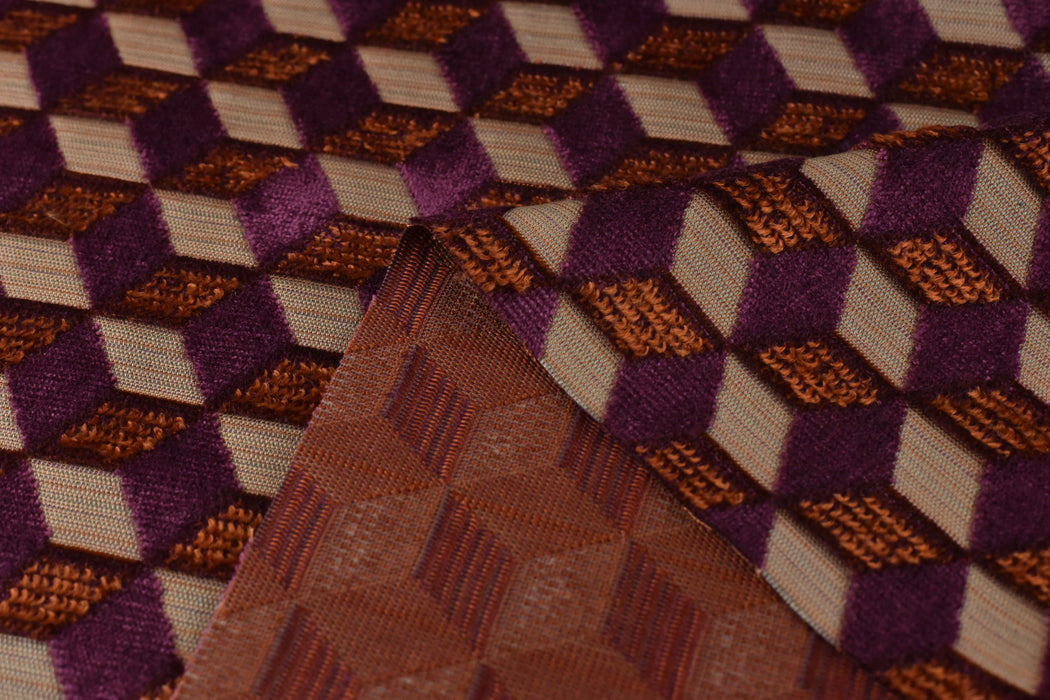 Heavy Weight Abstract Geometric Cube Burnt Orange Purple Cut Velvet Upholstery Fabric For Chair|Retro Modern Upholstery for Furniture
