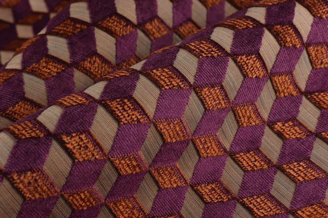 Heavy Weight Abstract Geometric Cube Burnt Orange Purple Cut Velvet Upholstery Fabric For Chair|Retro Modern Upholstery for Furniture
