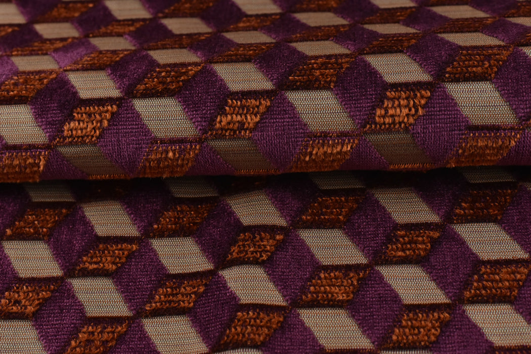 Heavy Weight Abstract Geometric Cube Burnt Orange Purple Cut Velvet Upholstery Fabric For Chair|Retro Modern Upholstery for Furniture