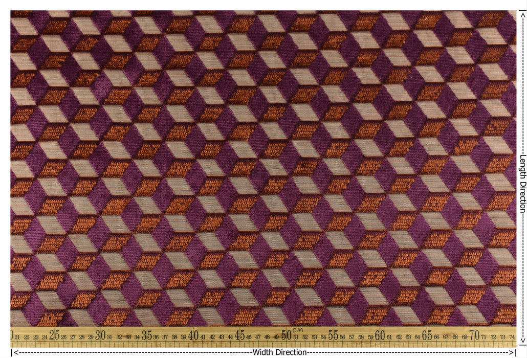 Heavy Weight Abstract Geometric Cube Burnt Orange Purple Cut Velvet Upholstery Fabric For Chair|Retro Modern Upholstery for Furniture