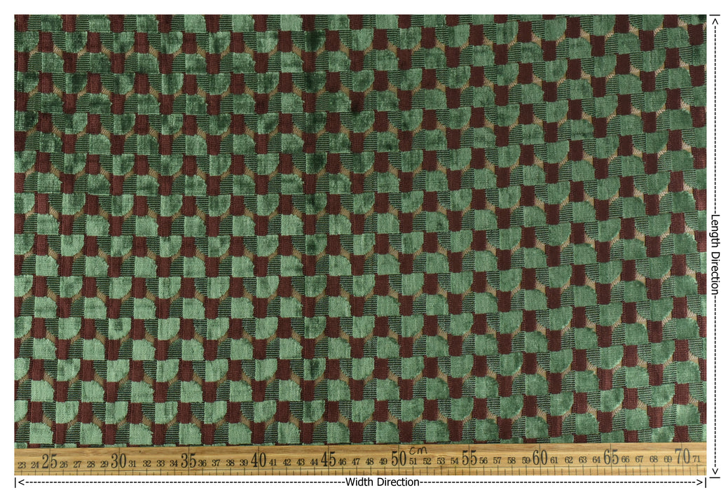 Heavy Weight Semicircle Striped Cut Velvet Upholstery Fabric For Chair|Green and Woody Brown Raised Geometric Furniture Fabric For Sofa