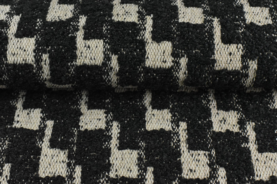 Geometric Pattern Heavy Duty Boucle Upholstery Fabric in Black and White|Cotton Blended Thick Furniture Upholstery Fabric For Chair Couch