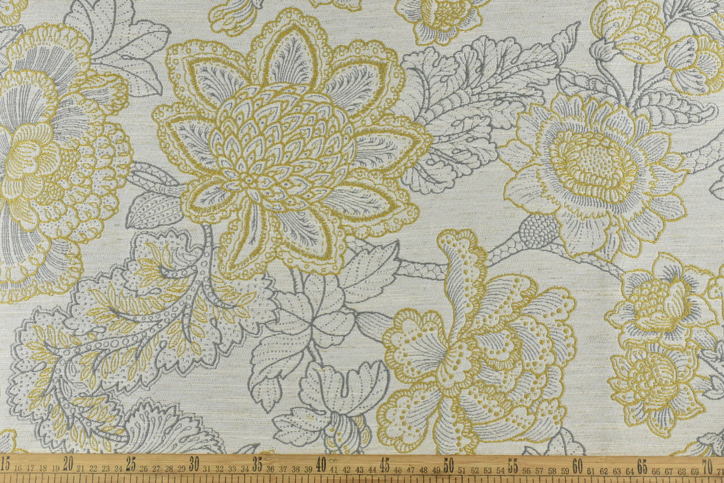 Heavy Linen Blend Farmhouse Floral Jacquard Upholstery Fabric in Cream and Yellow|Rustic Upholstery Fabric For Dining Chair,Sofa, Couch