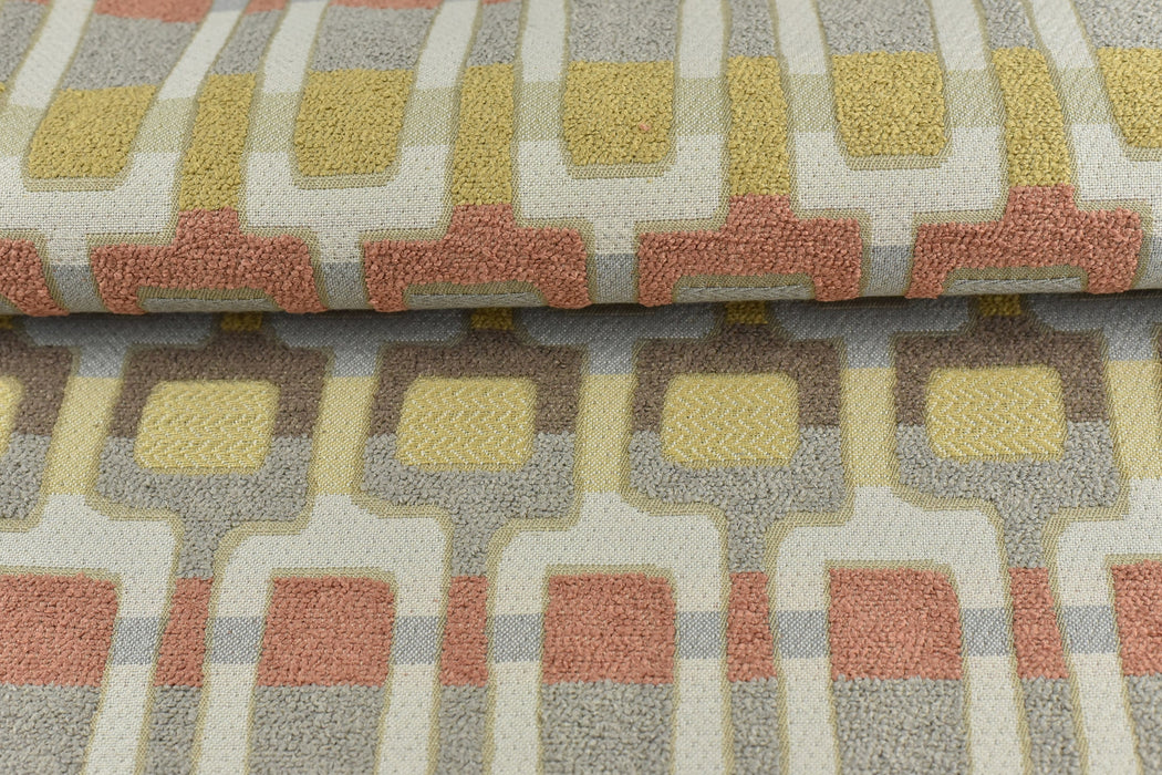 Autumn 2023 New Rainbow Boucle Jacquard Woven Geometric Upholstery Fabric|Geometric Art Design Fabric In Coral Cream Grey Furnishing Fabric