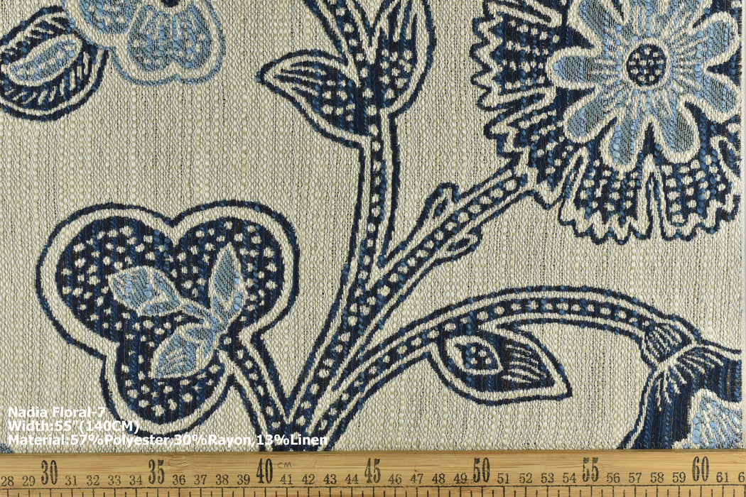 Vintage Foral Geometric Pattern Traditional Design Cotton Linen Blend Upholstery Fabric For Chair Pillow Cushion in Navy Blue