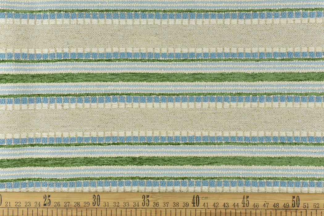 Woven Textured Linen Blend Farmhouse Green and Blue Stripe Jacquard Upholstery Fabric|Country Geometric Fabric For Chair Upholstery 110”W