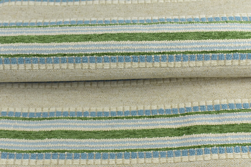 Woven Textured Linen Blend Farmhouse Green and Blue Stripe Jacquard Upholstery Fabric|Country Geometric Fabric For Chair Upholstery 110”W