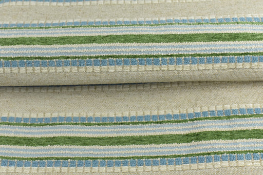 Woven Textured Linen Blend Farmhouse Green and Blue Stripe Jacquard Upholstery Fabric|Country Geometric Fabric For Chair Upholstery 110”W