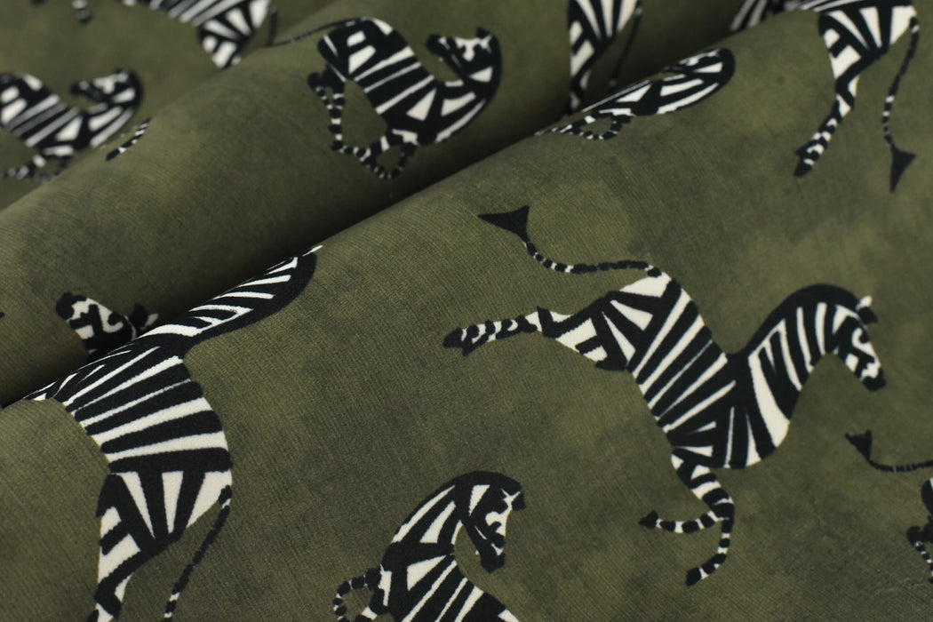 Exotic Dancing Zebra Velvet Upholstery Fabric in Green|Designer Playful Animal Print Velvet Upholstery Fabric For Chair Pillow Cusion Bench