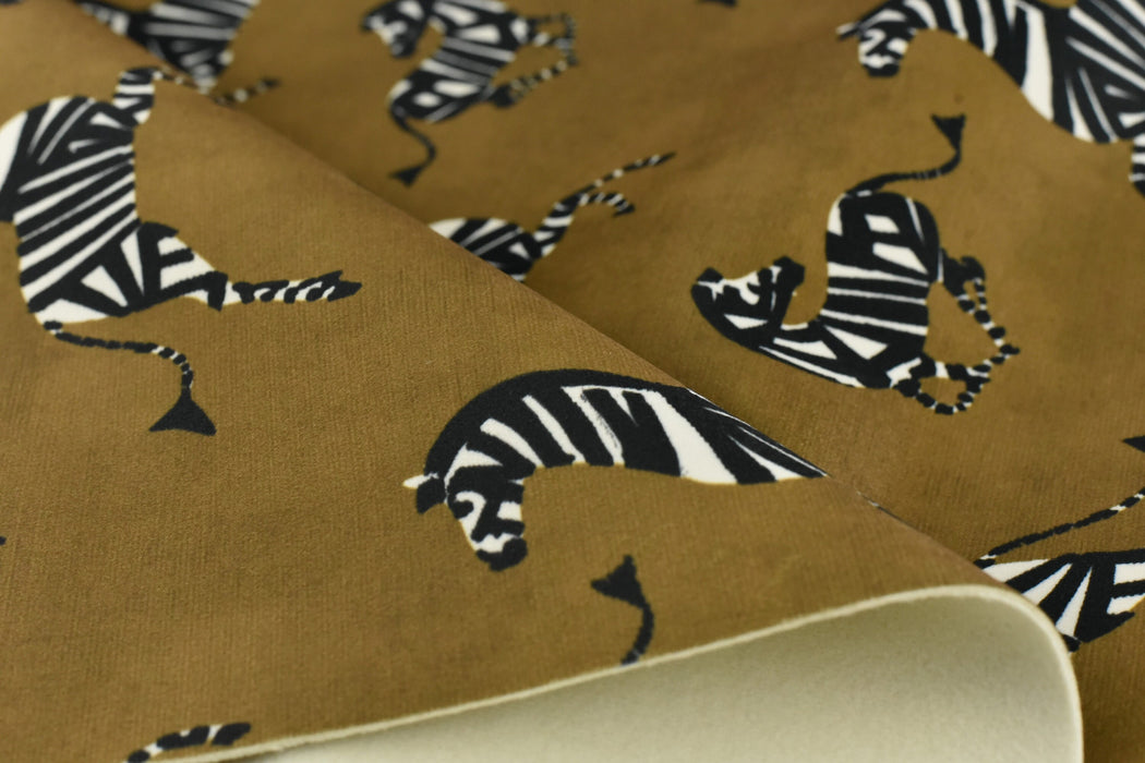 Gold Brown Playful Dancing Zebra Velvet Upholstery Fabric|Designer Animal Print Thick Velvet Upholstery Fabric For Chair Pillow Cusion Bench