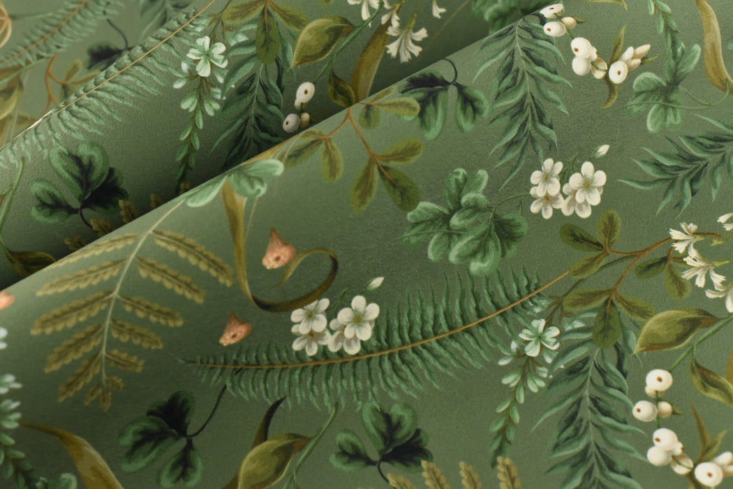 Vintage Shabby Chic Botanical Ferns Green Velvet Upholstery Fabric|Heavy Weight Large Print Floral Fabric For Chair Bench Pillow